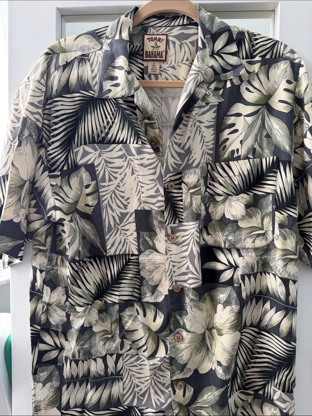 Vintage Tommy Bahama Olive & Black Tropical Patchwork Camp Shirt